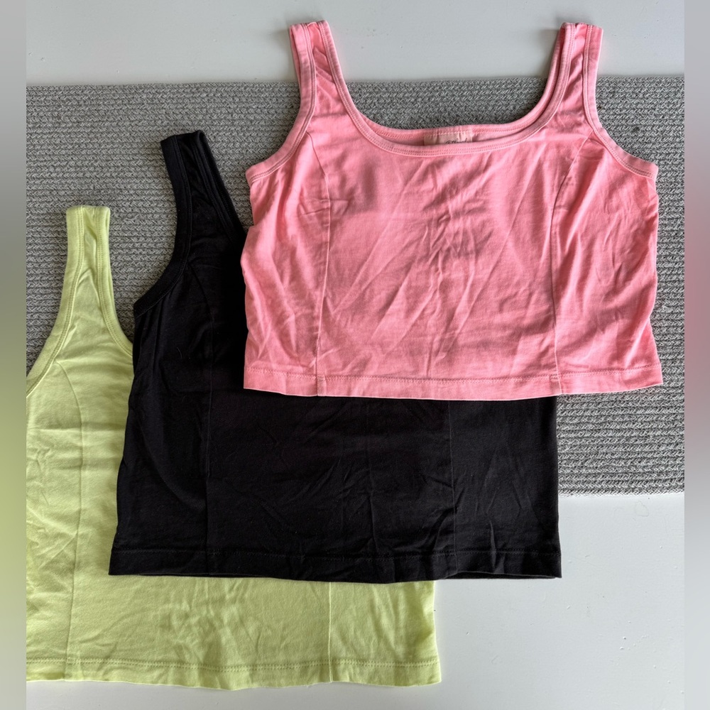 Universal Thread Set/3 Pink Yellow Charcoal Seamed Cropped Tank Tops Size XS